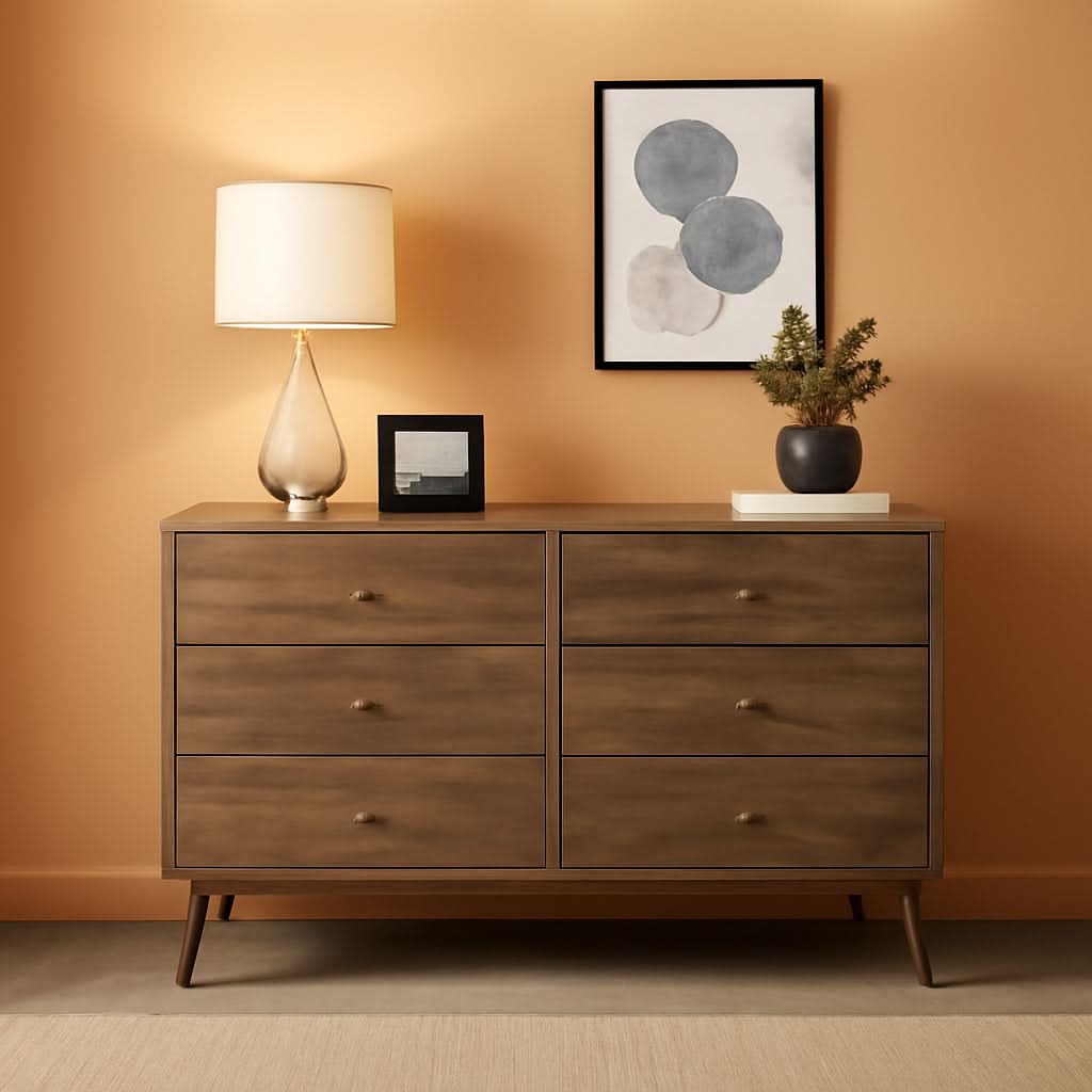 Mid Century Six Drawer Dresser Drifted Gray Wood Finish