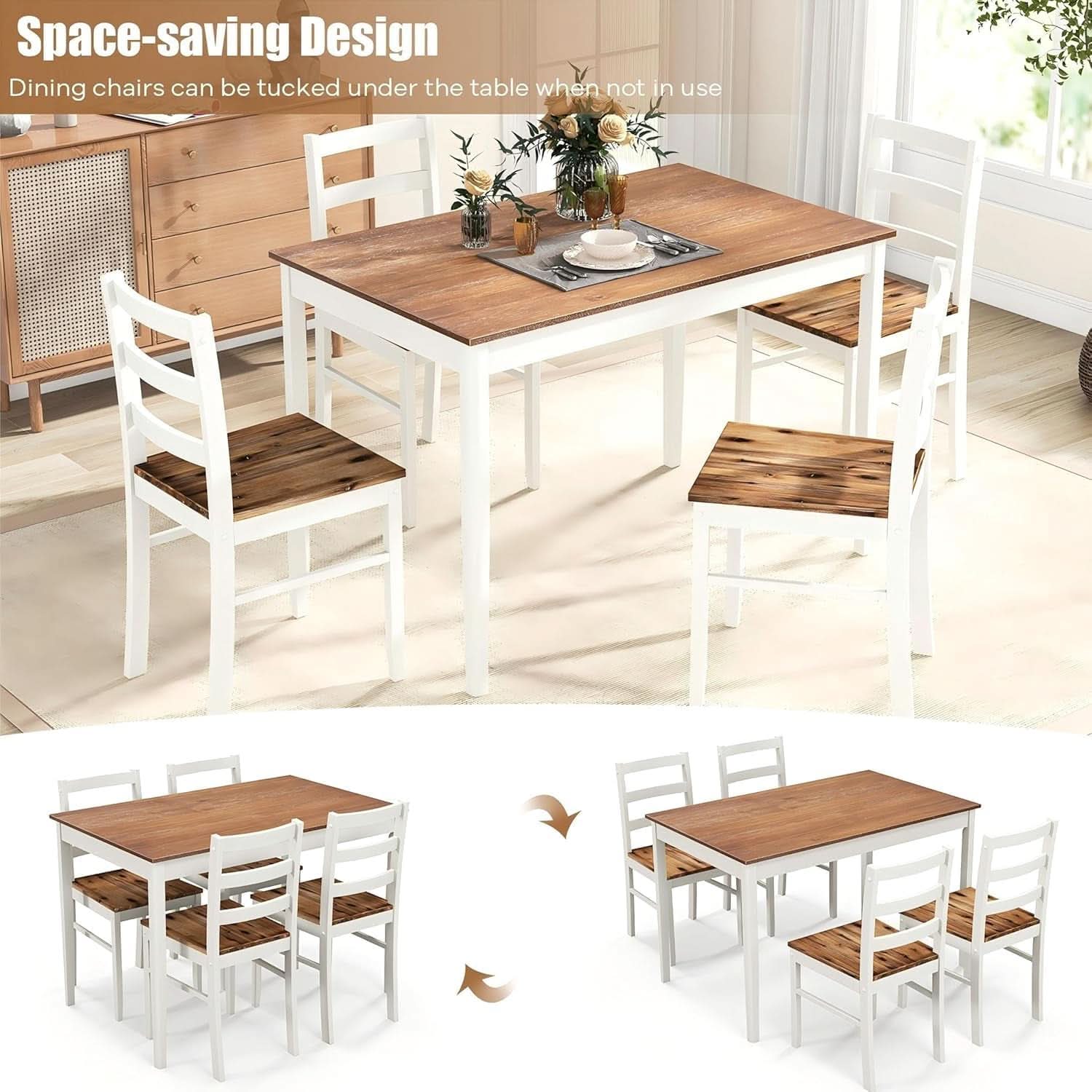 Mid Century Solid Wood Dining Table Set For Four Chairs