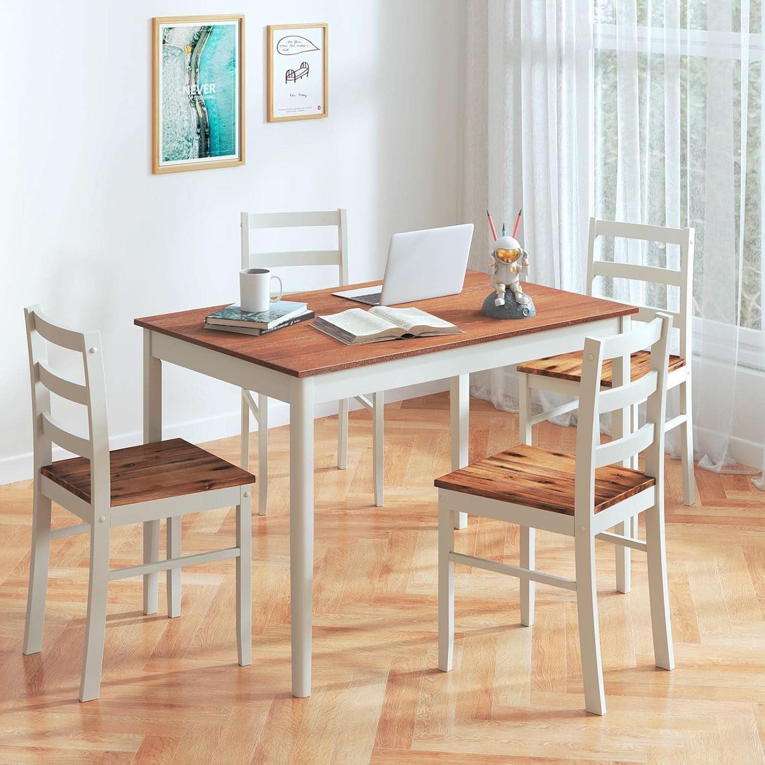 Mid Century Solid Wood Dining Table Set For Four Chairs