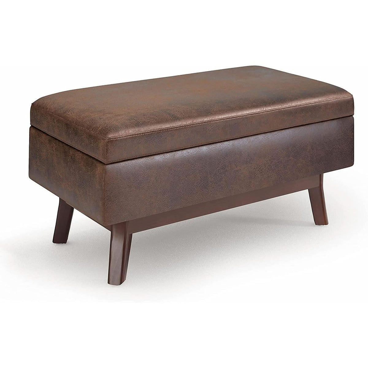 Mid Century Storage Ottoman 36W Chestnut Faux Leather