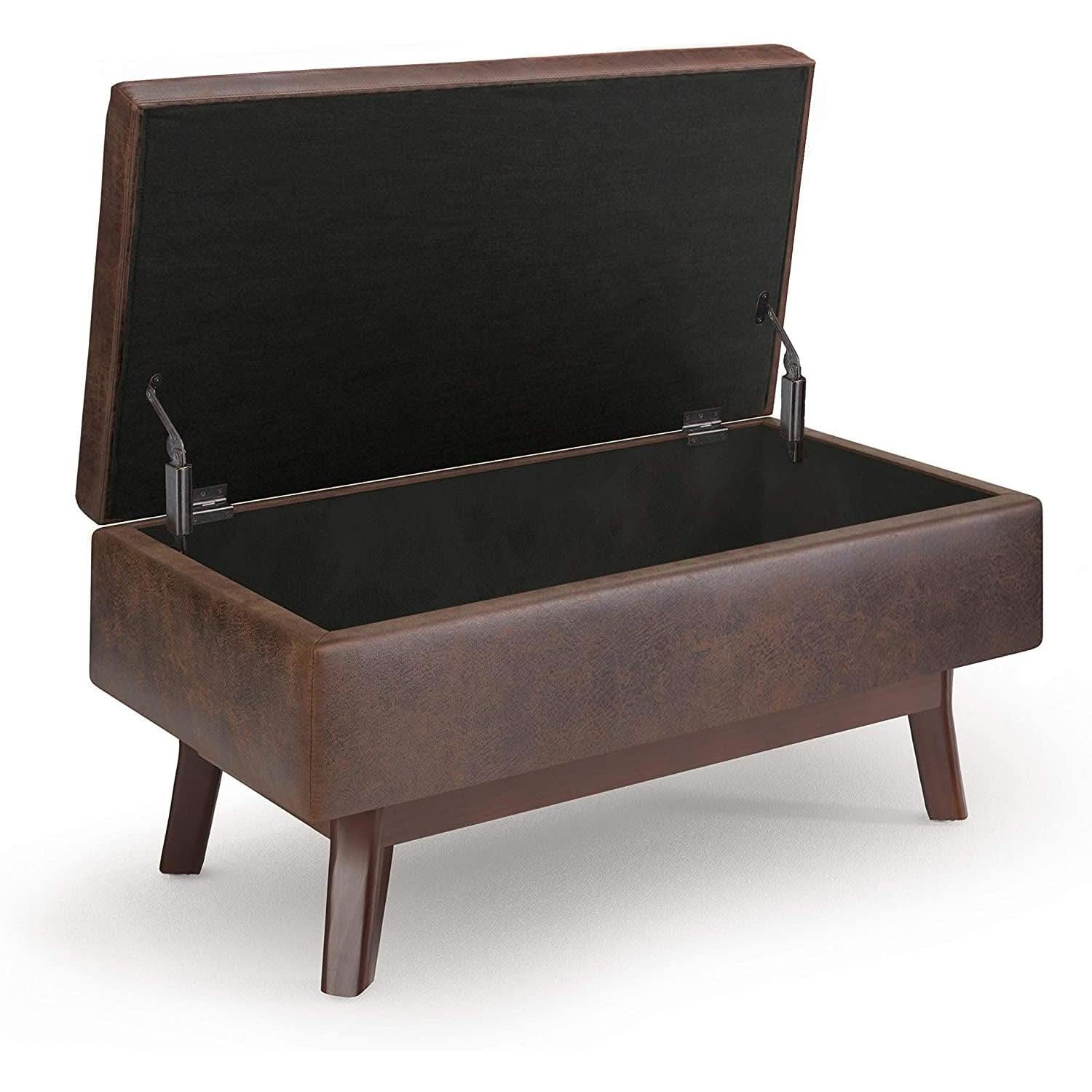 Mid Century Storage Ottoman 36W Chestnut Faux Leather