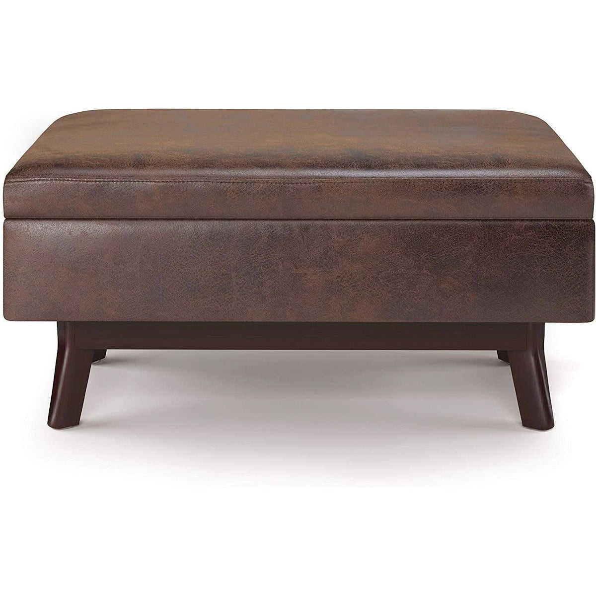 Mid Century Storage Ottoman 36W Chestnut Faux Leather