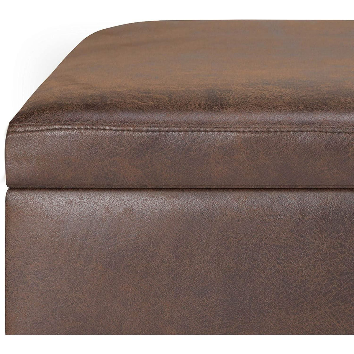 Mid Century Storage Ottoman 36W Chestnut Faux Leather