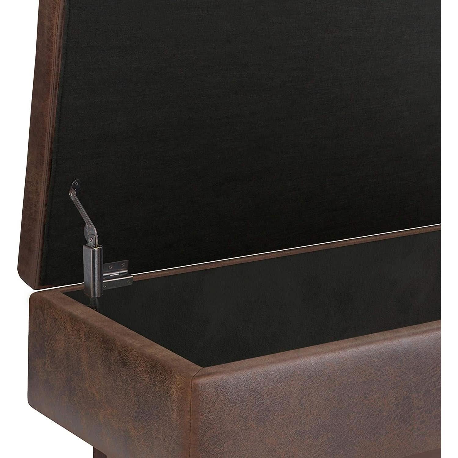 Mid Century Storage Ottoman 36W Chestnut Faux Leather