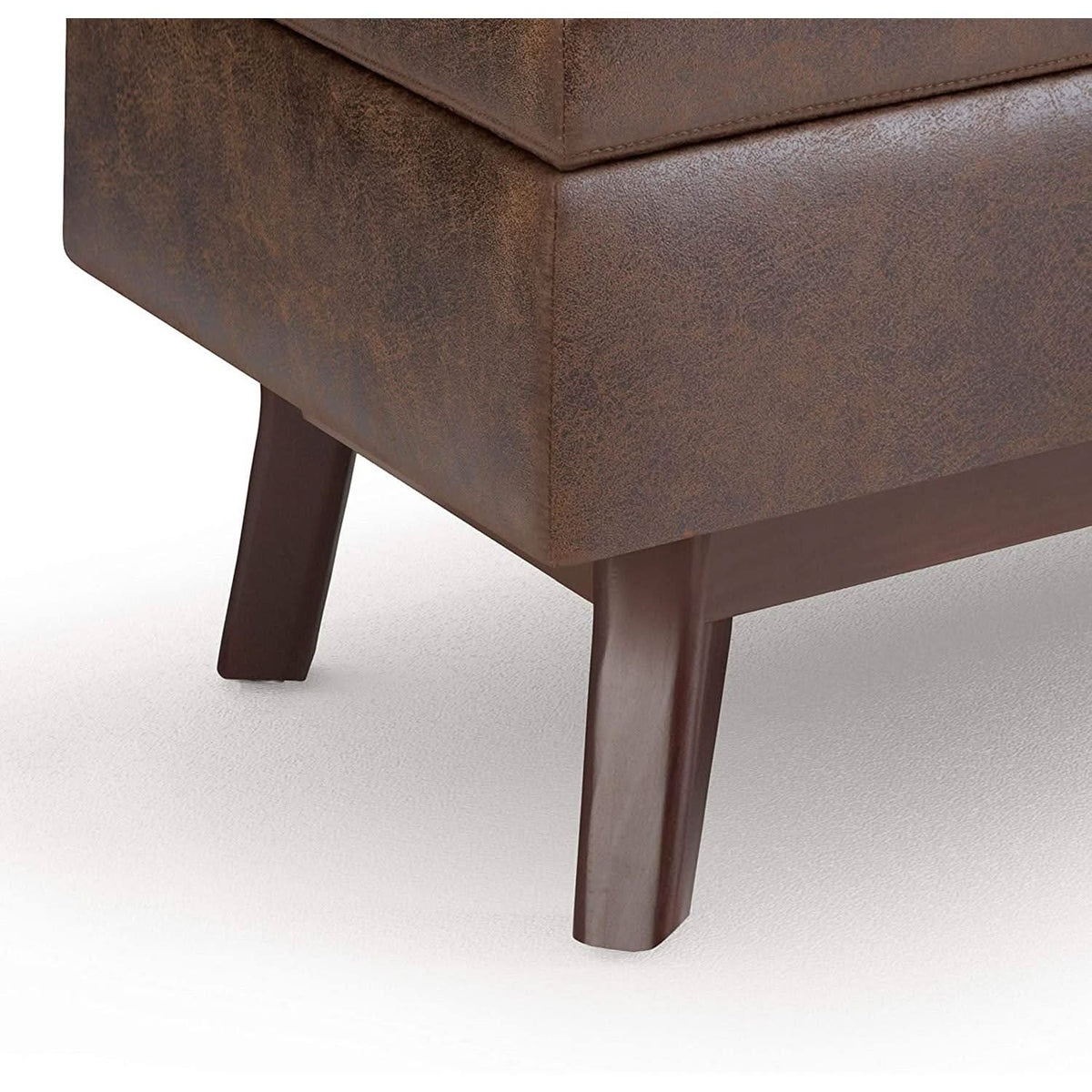 Mid Century Storage Ottoman 36W Chestnut Faux Leather