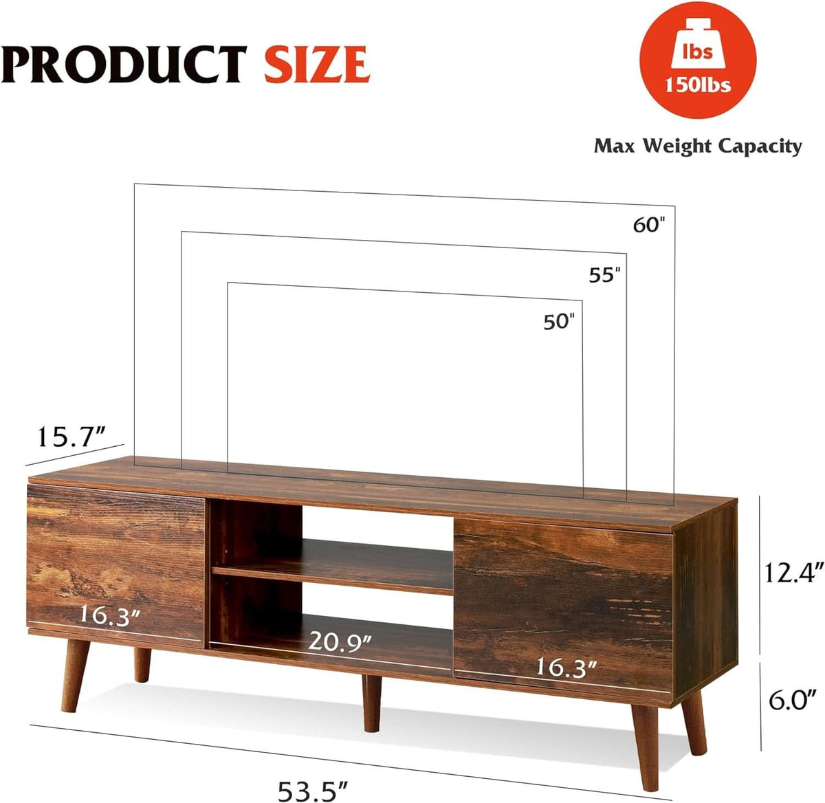 Mid Century TV Stand 55 to 60 Inch Retro Brown Finish