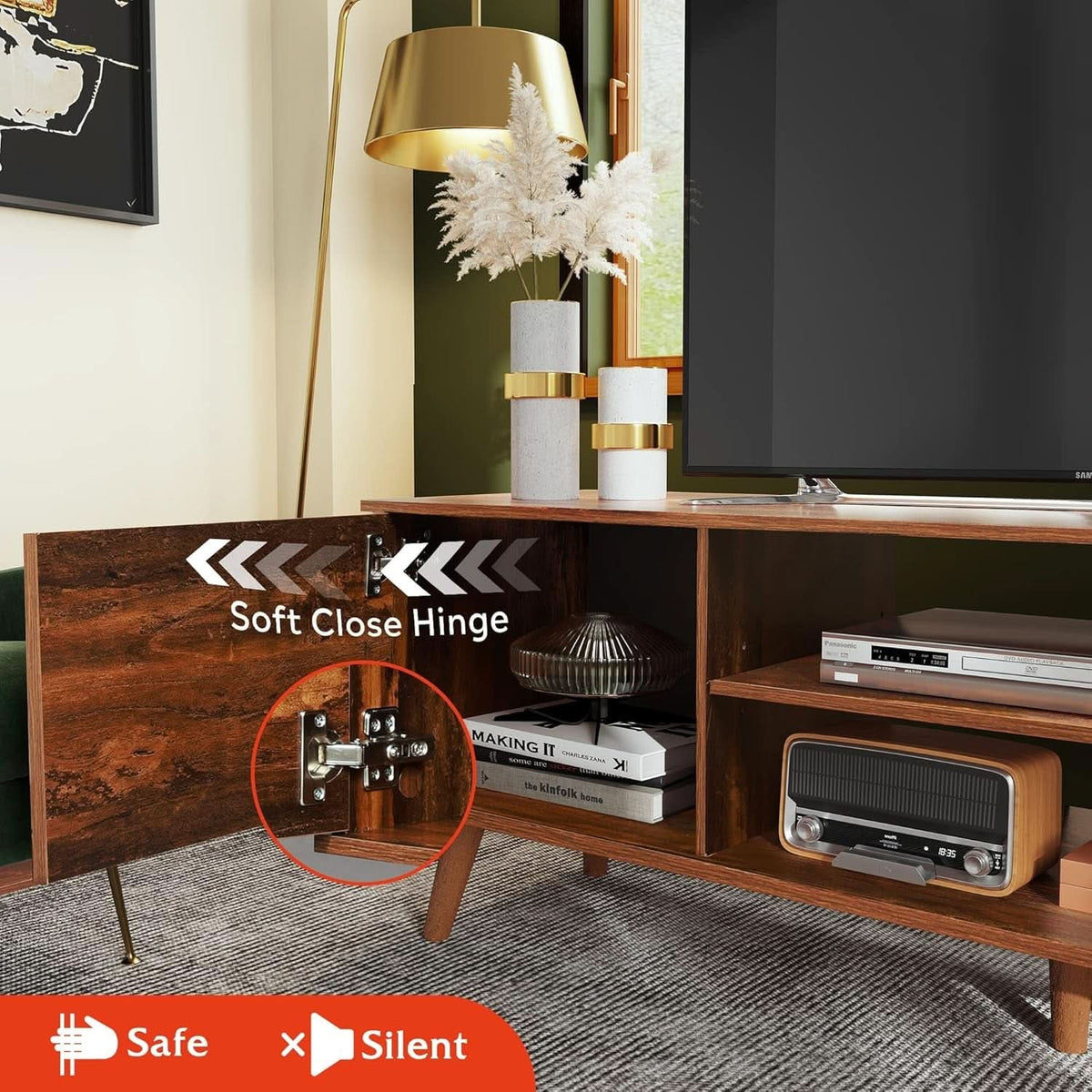 Mid Century TV Stand 55 to 60 Inch Retro Brown Finish