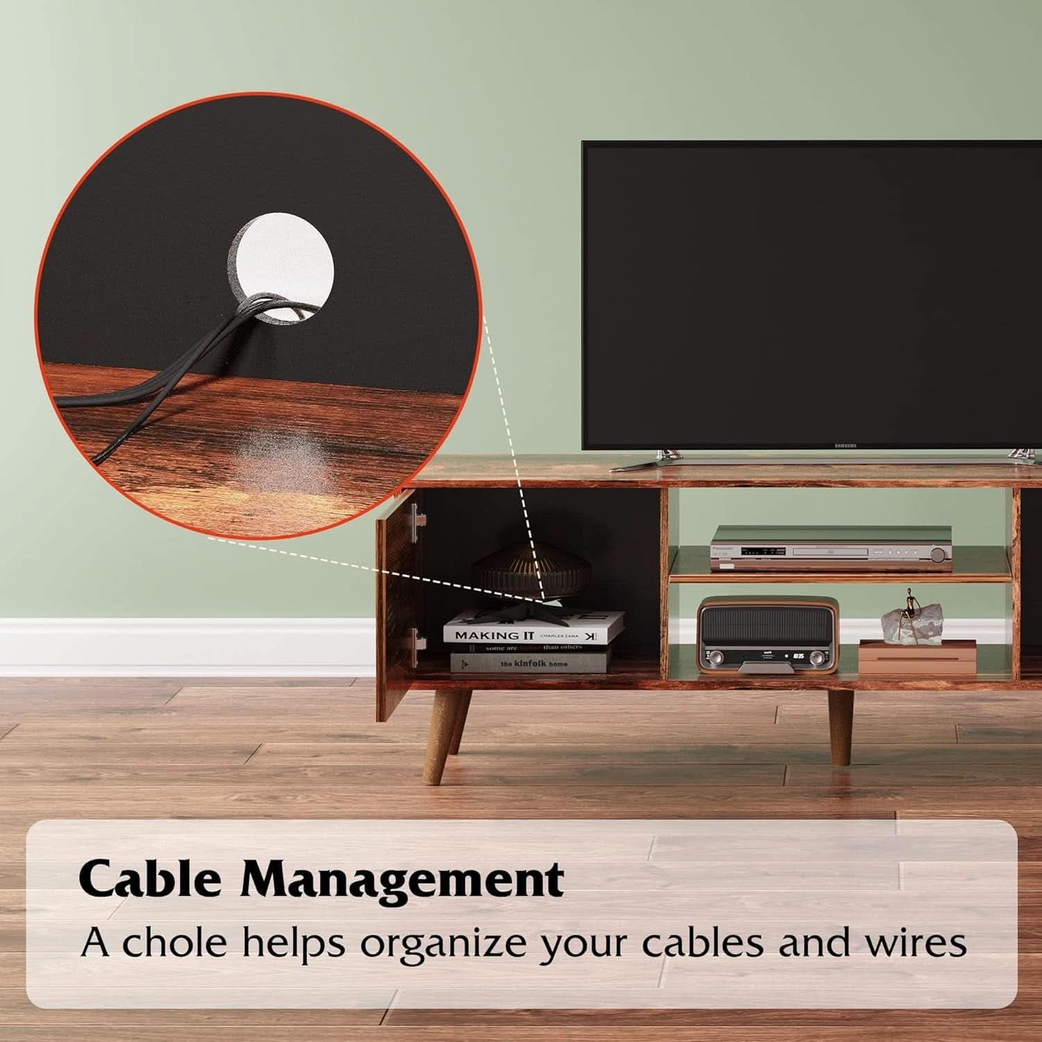Mid Century TV Stand 55 to 60 Inch Retro Brown Finish