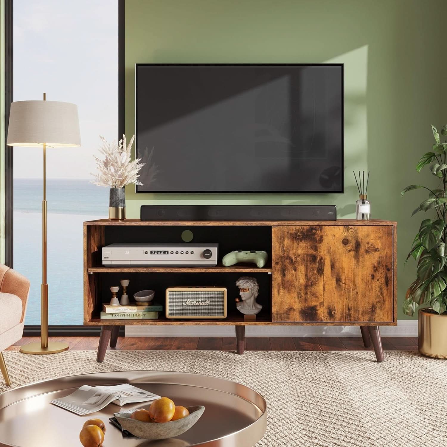 Mid Century TV Stand for 55 Inch TV Brown Wood Entertainment Center With Storage
