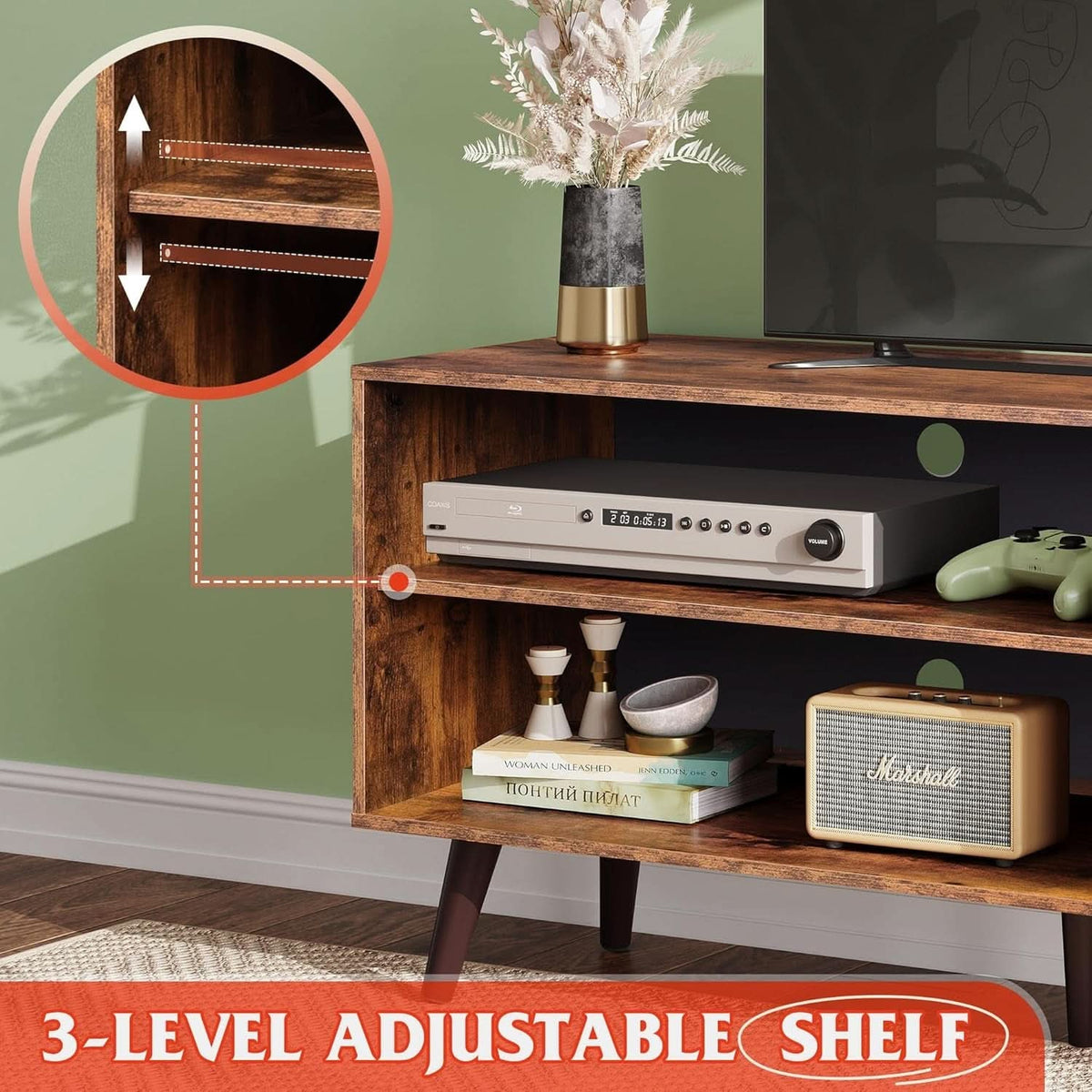 Mid Century TV Stand for 55 Inch TV Brown Wood Entertainment Center With Storage