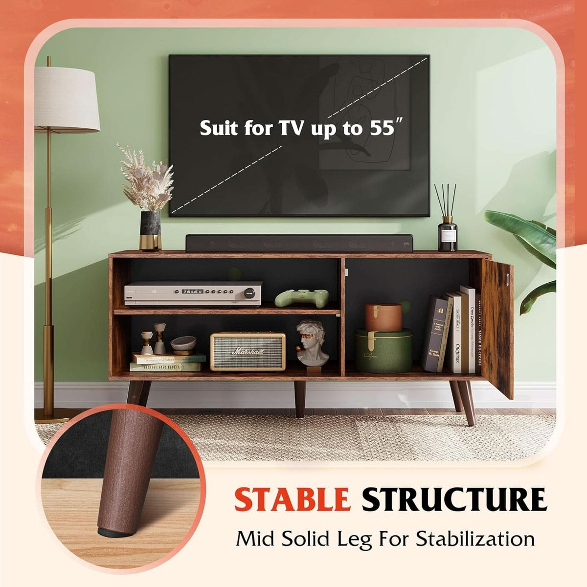 Mid Century TV Stand for 55 Inch TV Brown Wood Entertainment Center With Storage