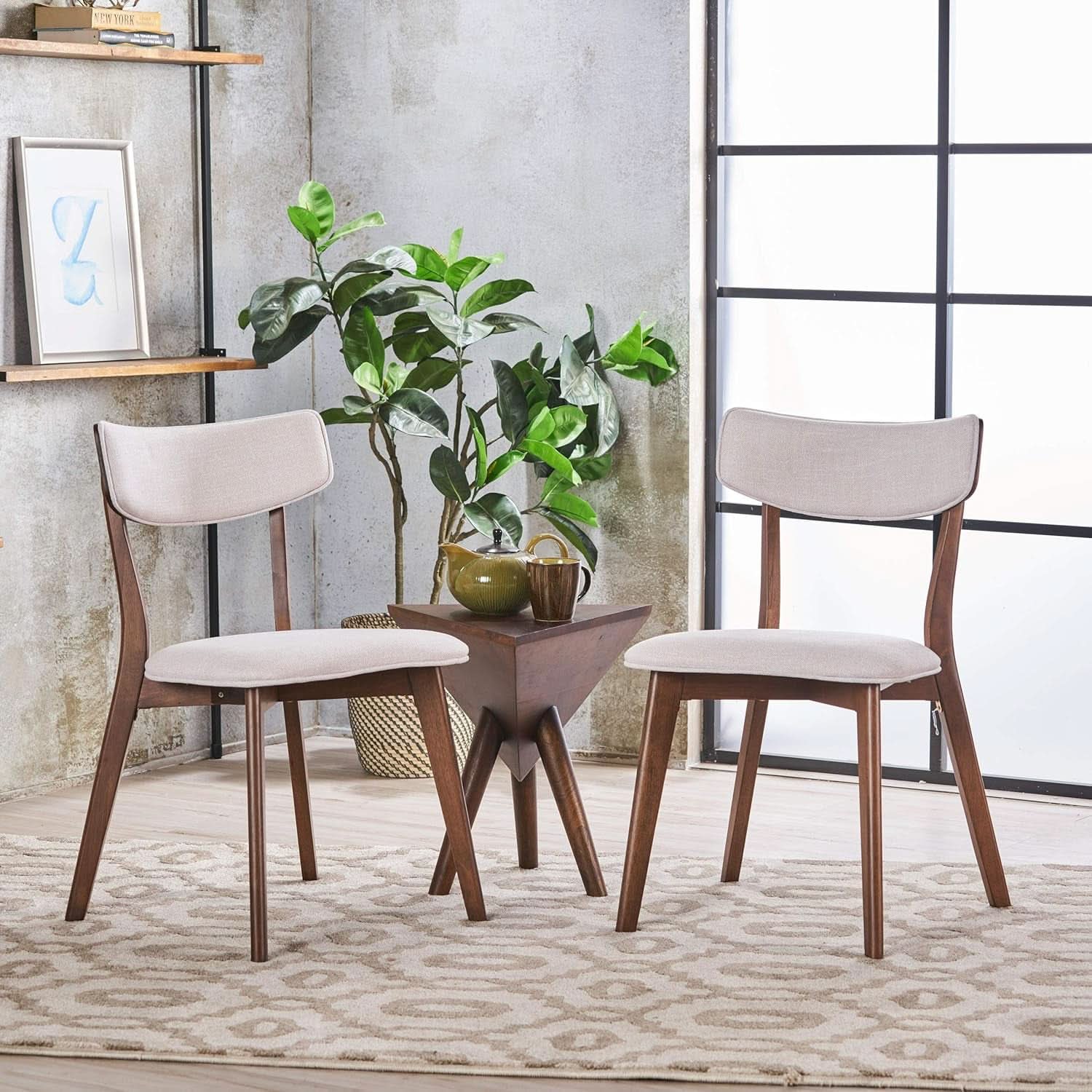 Mid Century Walnut Frame Dining Chairs Light Beige Set 2