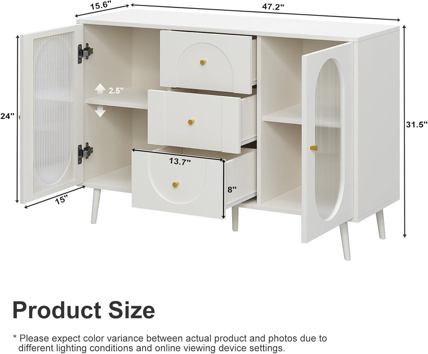Midcentury White Fluted Glass Buffet Sideboard Cabinet