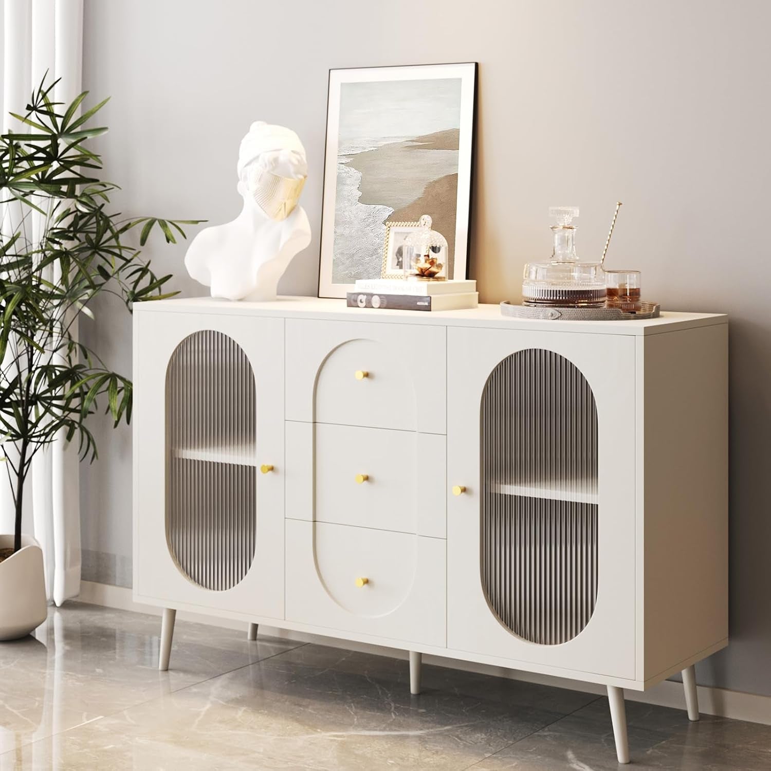 Midcentury White Fluted Glass Buffet Sideboard Cabinet