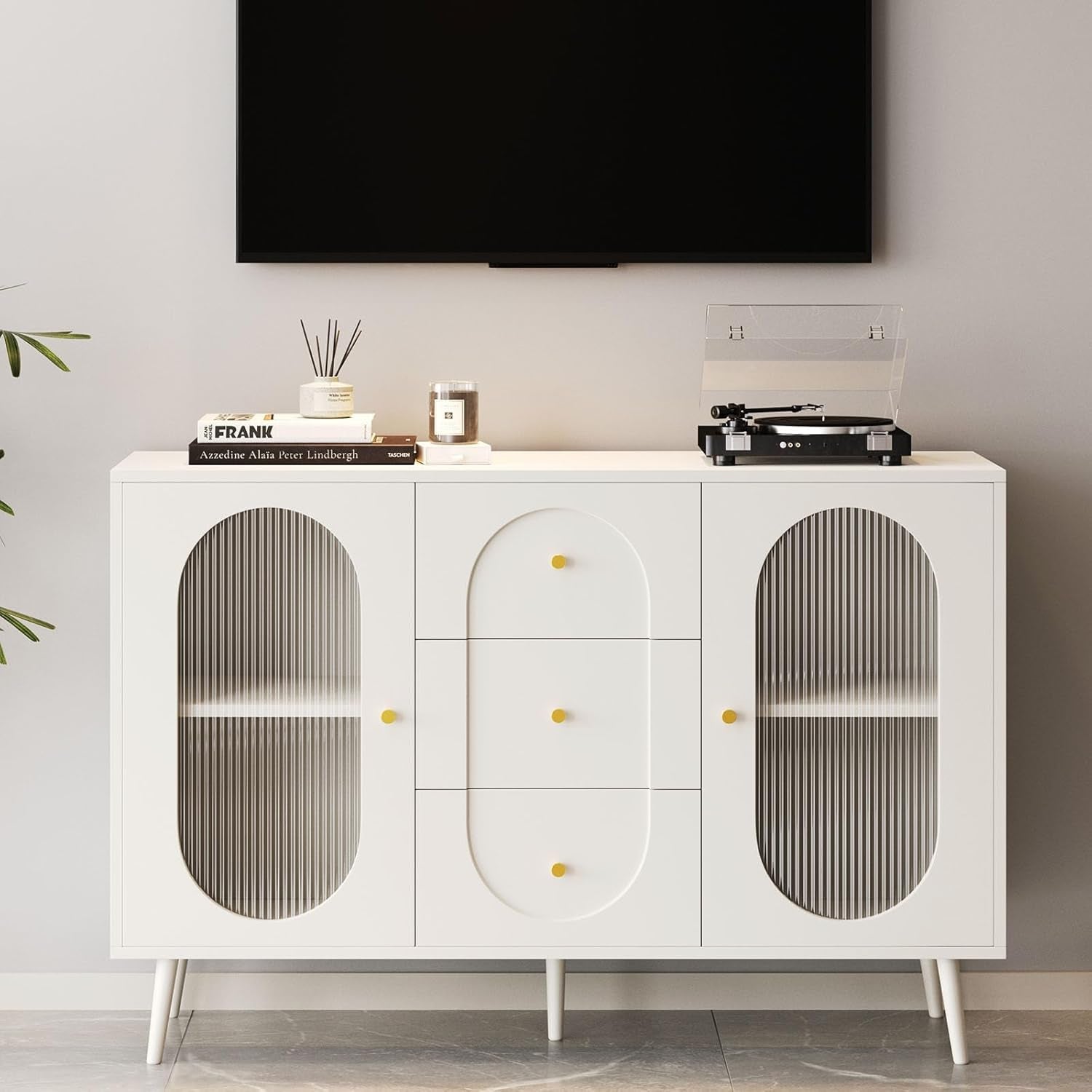 Midcentury White Fluted Glass Buffet Sideboard Cabinet