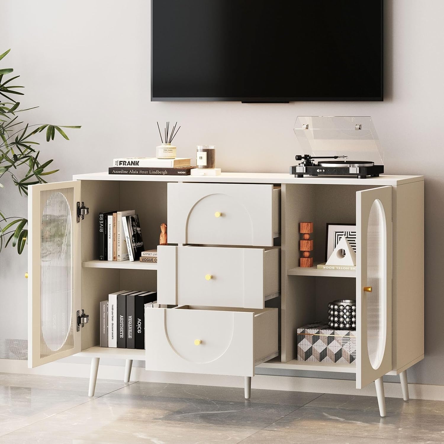 Midcentury White Fluted Glass Buffet Sideboard Cabinet