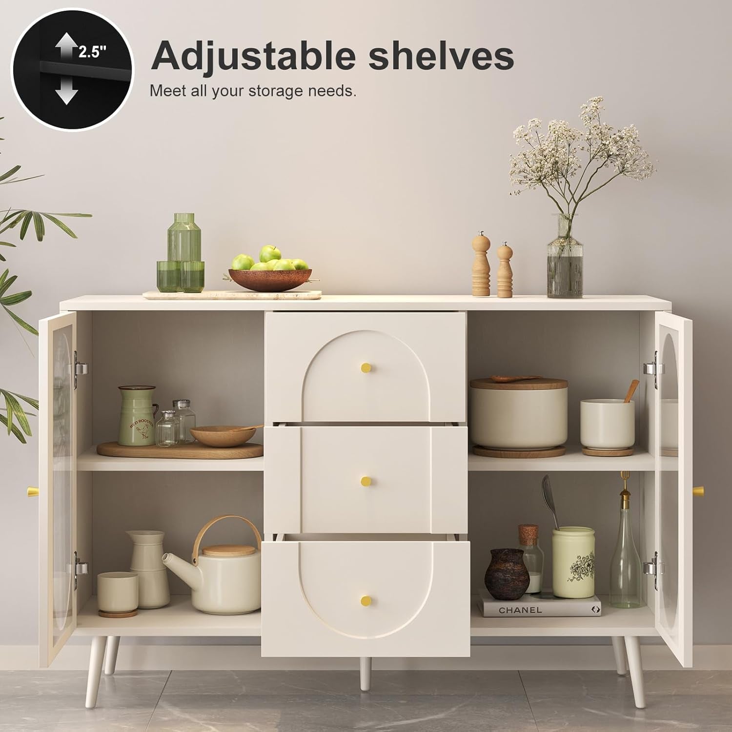 Midcentury White Fluted Glass Buffet Sideboard Cabinet