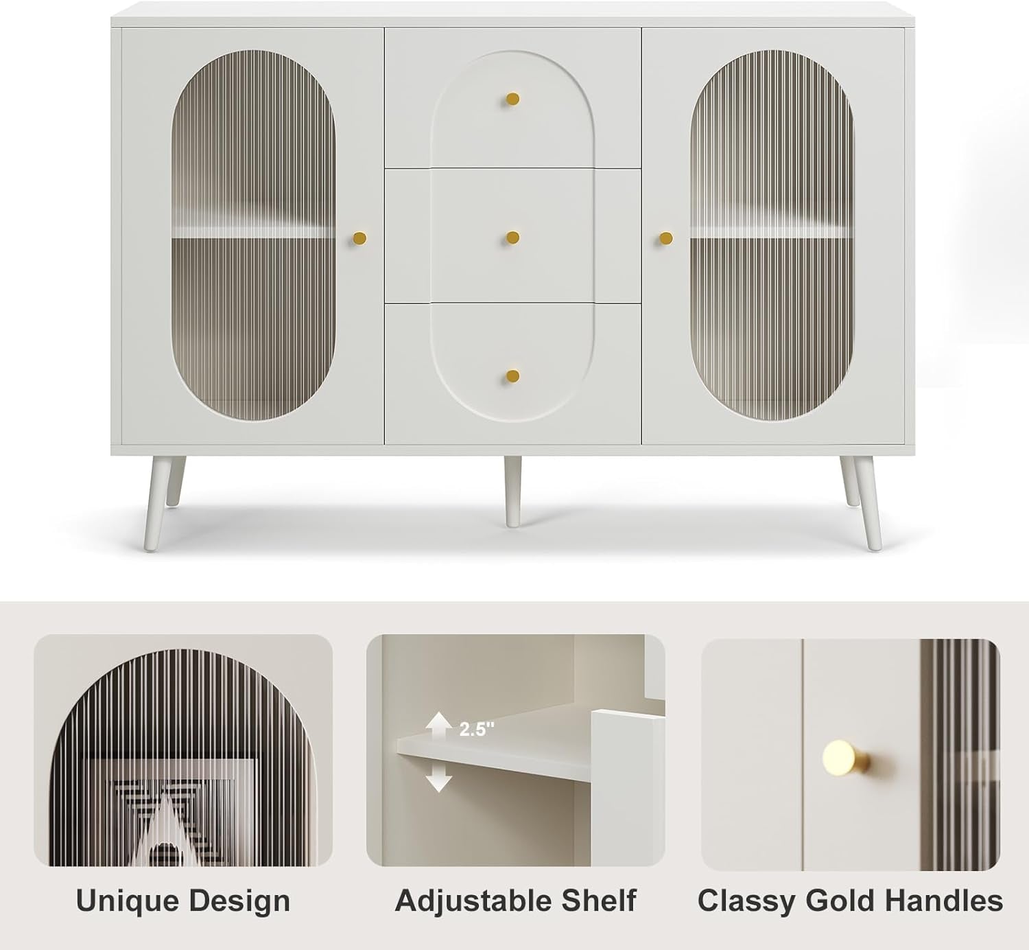 Midcentury White Fluted Glass Buffet Sideboard Cabinet