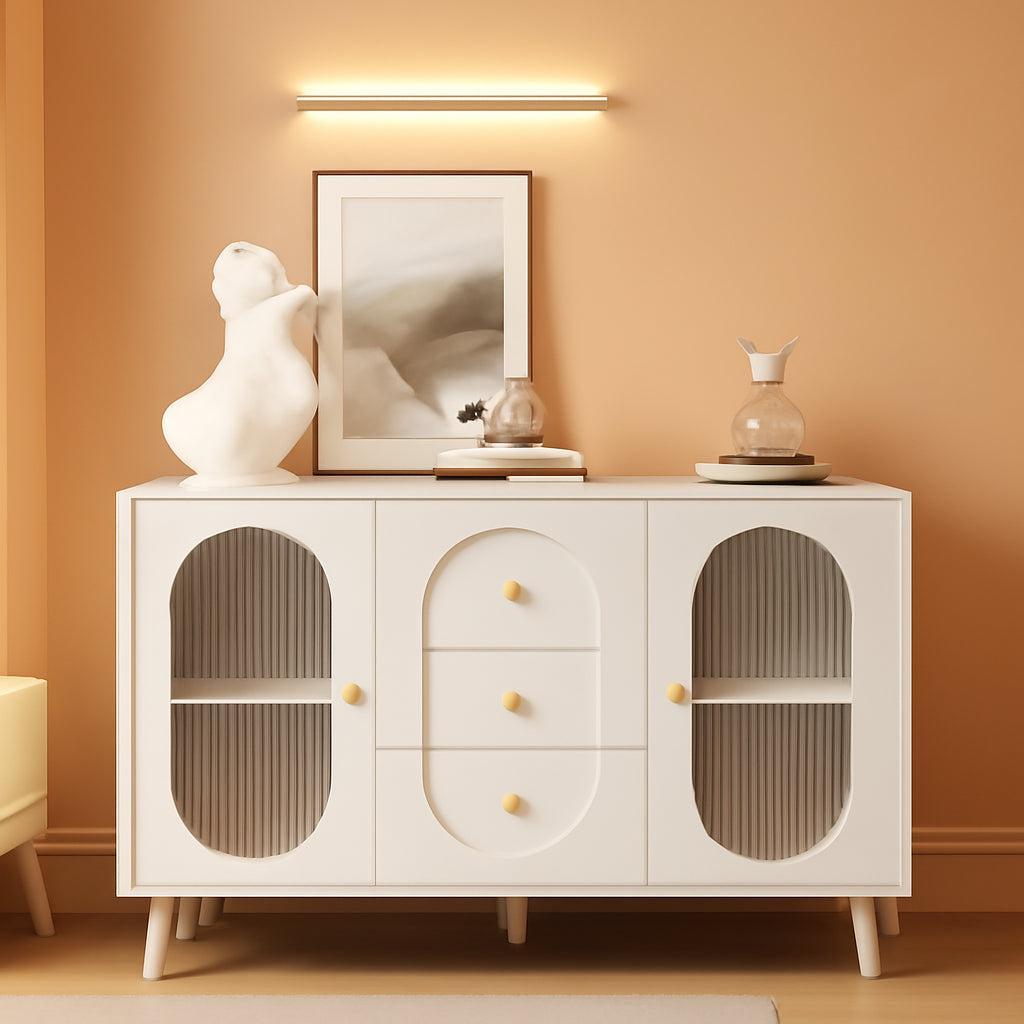Midcentury White Fluted Glass Buffet Sideboard Cabinet