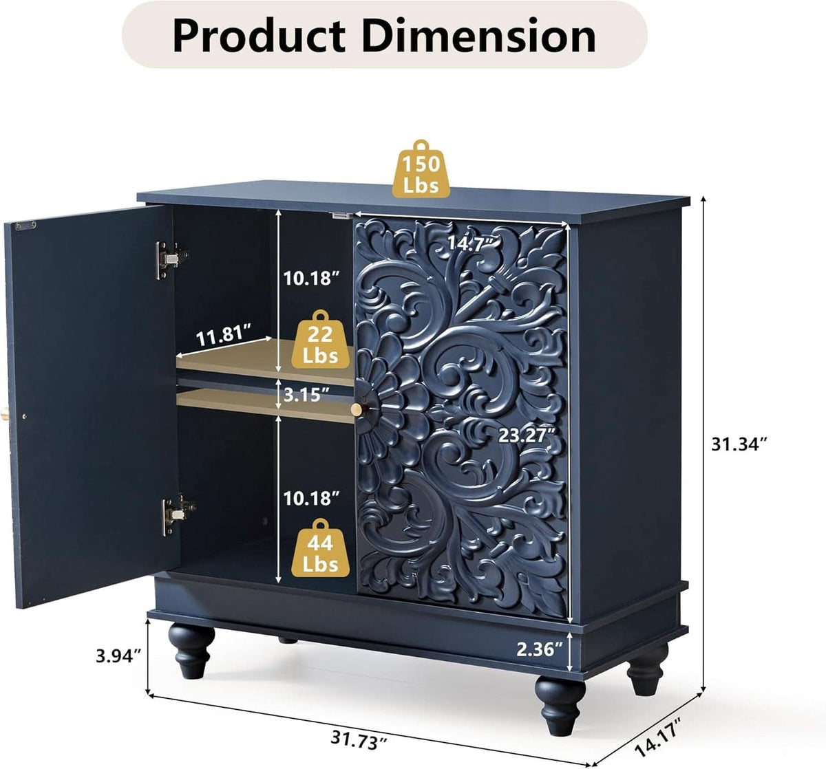 Midnight Blue Luxury Accent Sideboard With 2 Doors