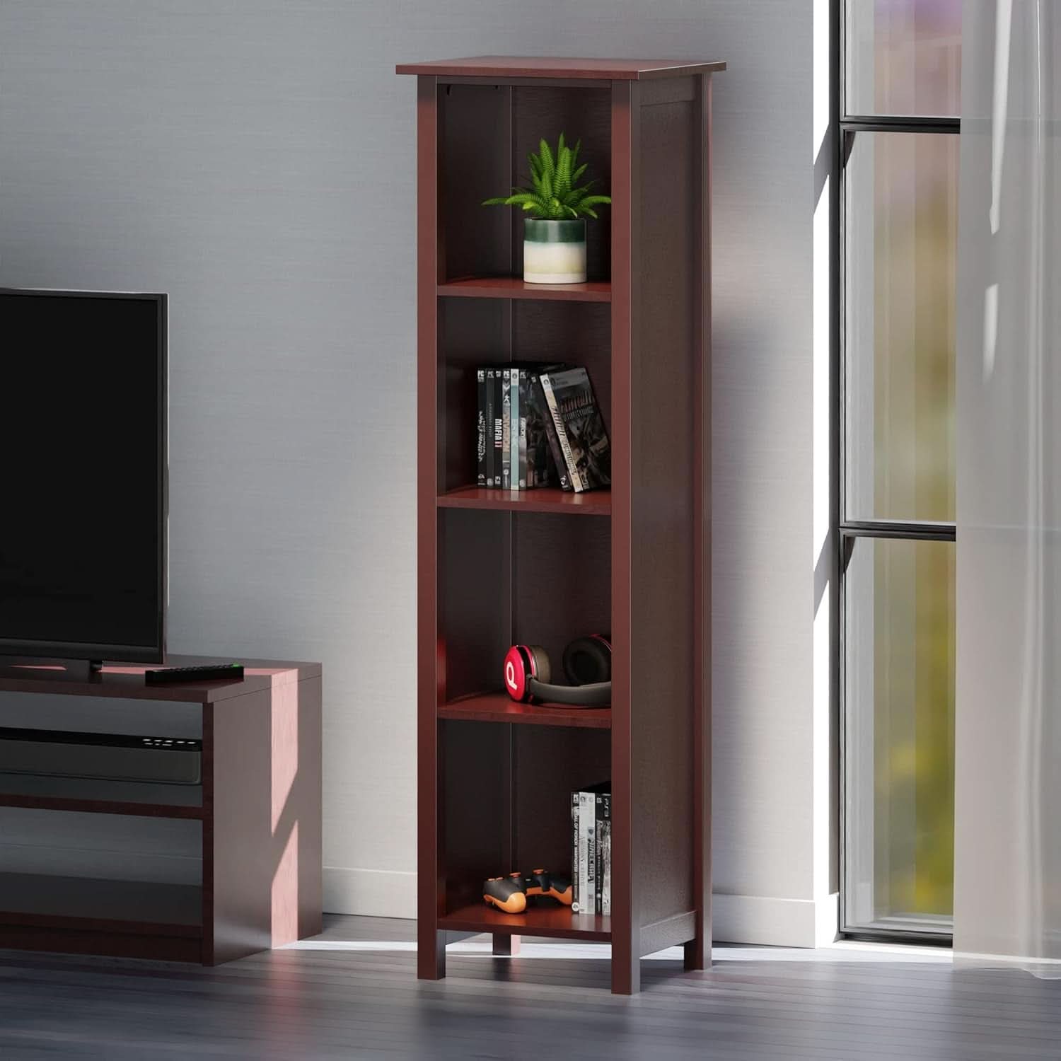 Milan Five Tier Storage Shelf Bookcase In Antique Walnut