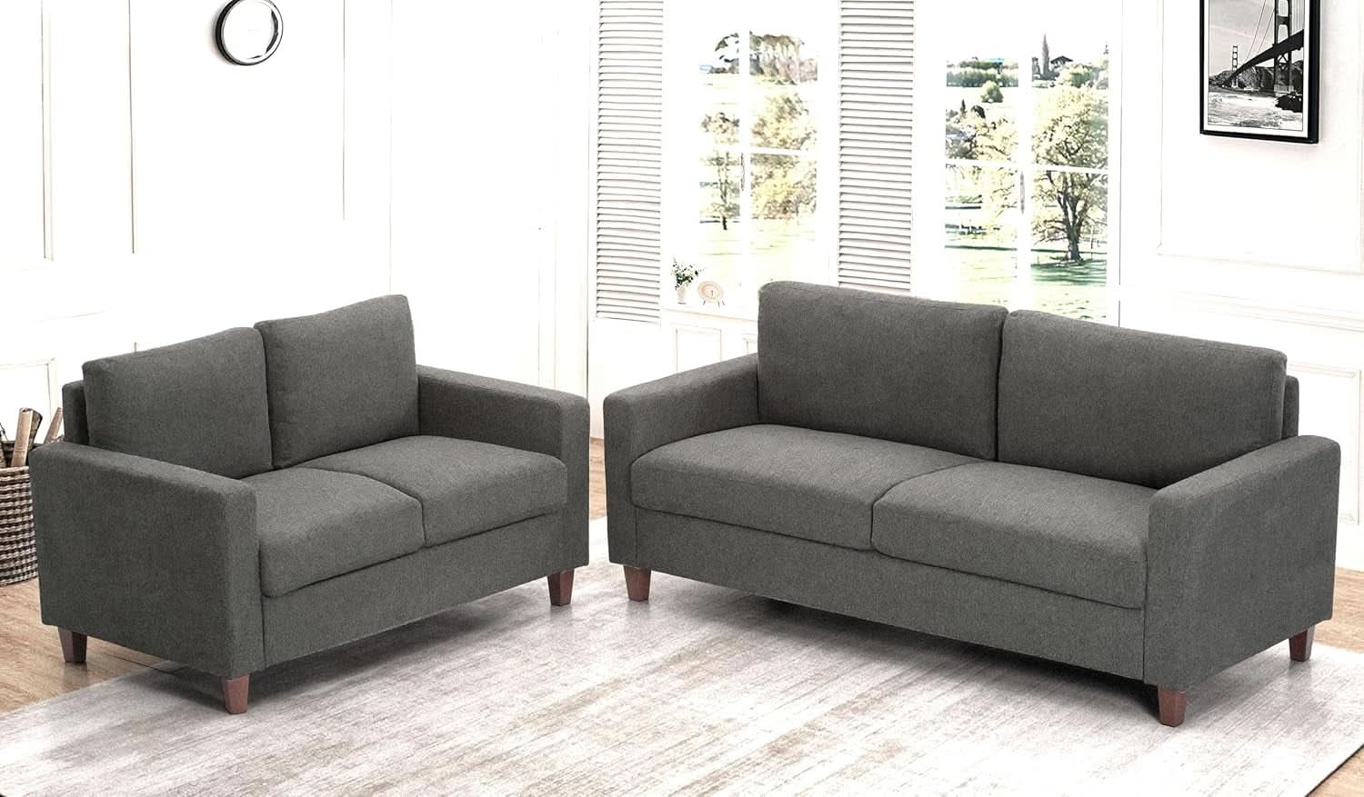 Miles 2 Piece Couch And Loveseat Set With Reversible Pillows Grey