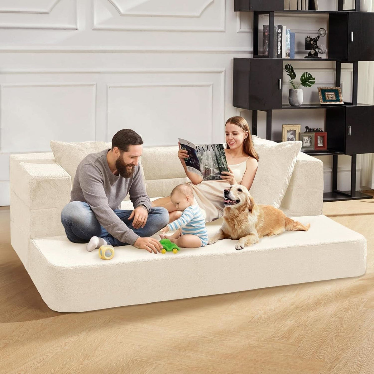 Milky White Large 3 In 1 Folding Bean Bag Couch Faux Fur