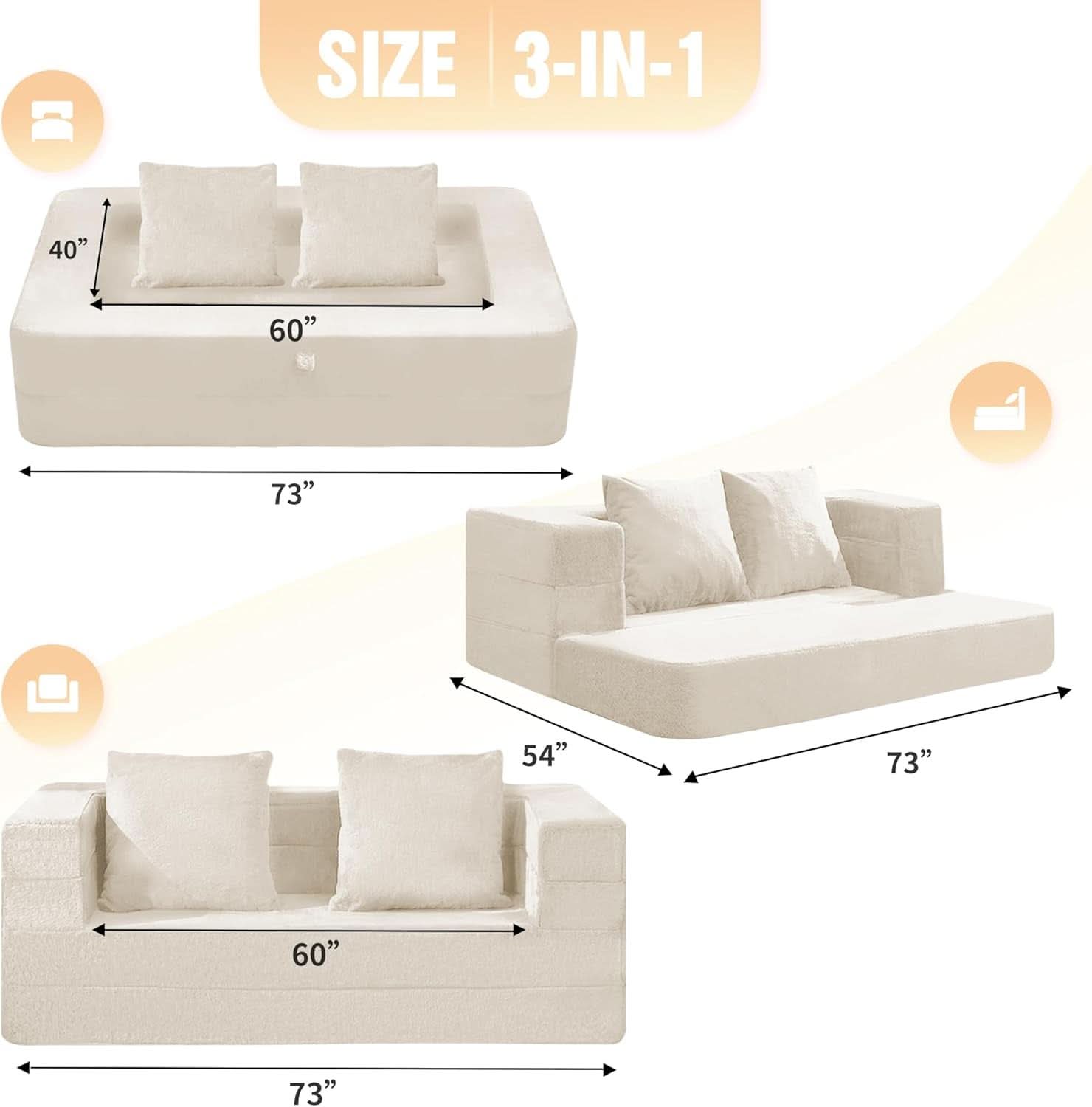 Milky White Large 3 In 1 Folding Bean Bag Couch Faux Fur