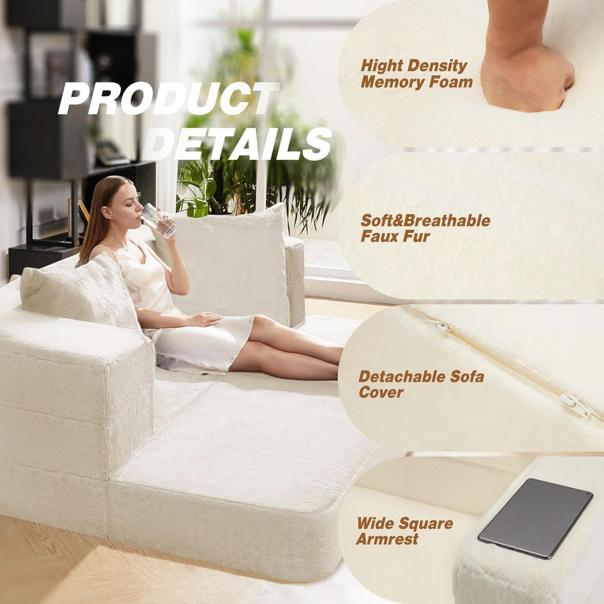 Milky White Large 3 In 1 Folding Bean Bag Couch Faux Fur
