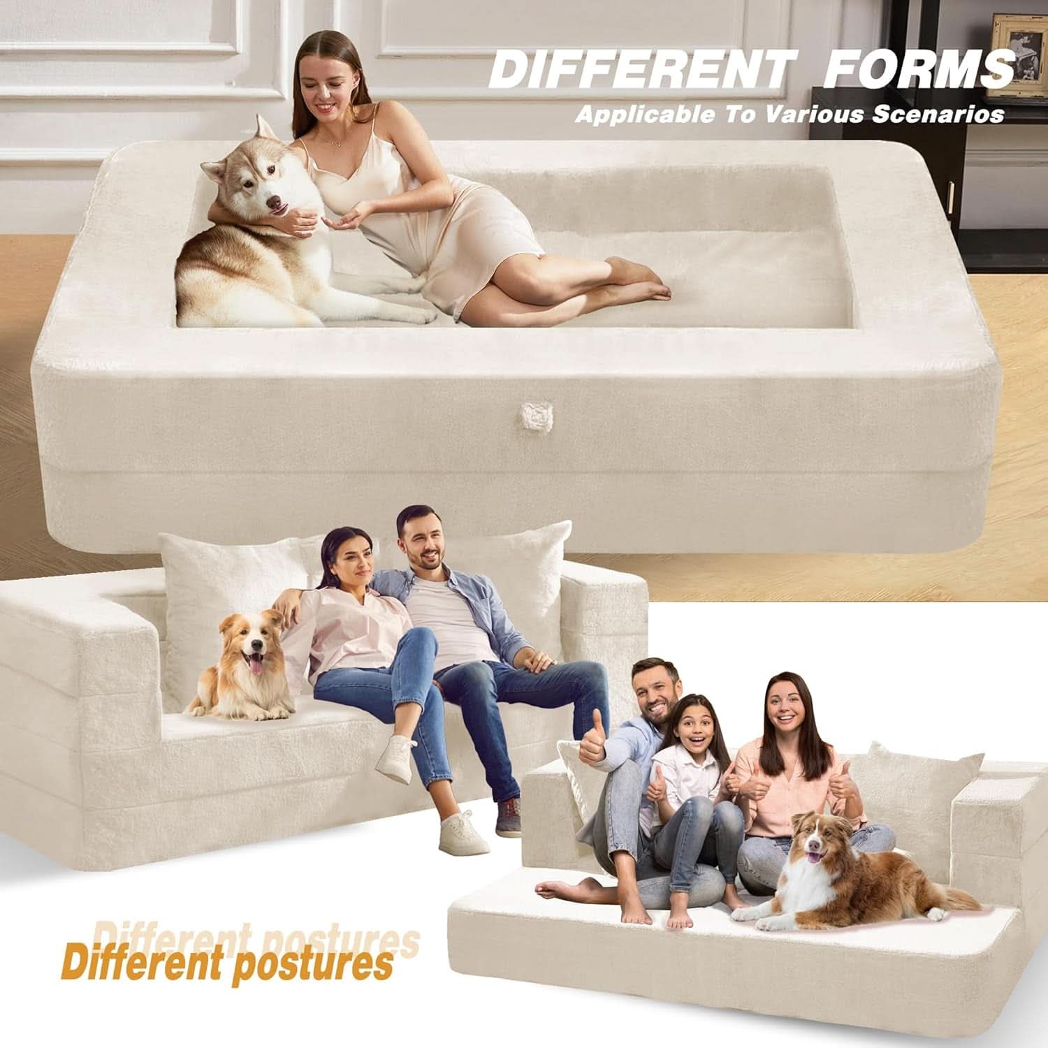 Milky White Large 3 In 1 Folding Bean Bag Couch Faux Fur