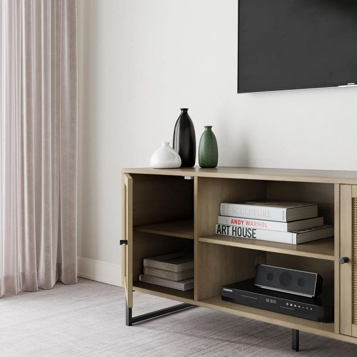 Mina Modern TV Stand With Storage Doors Oak Finish