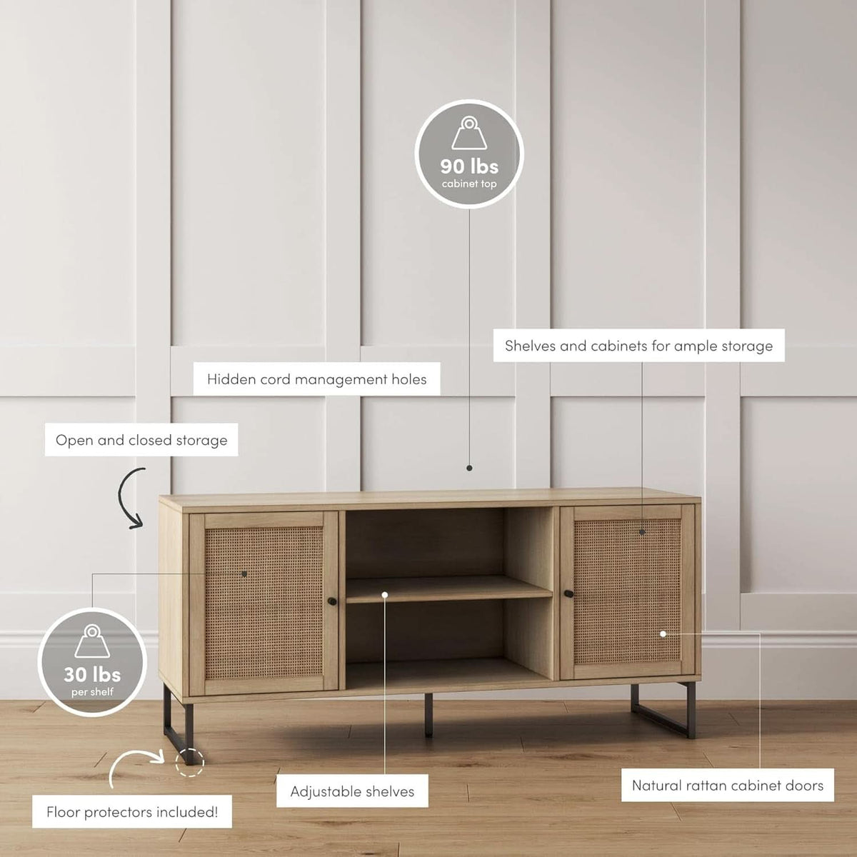 Mina Modern TV Stand With Storage Doors Oak Finish