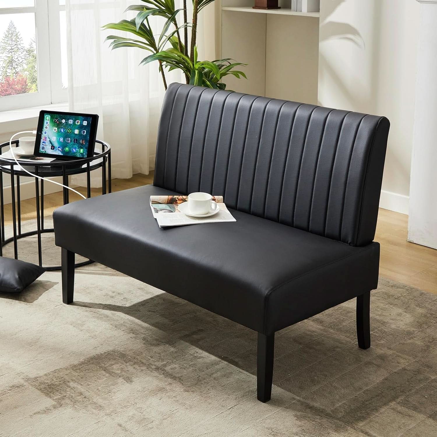 Mini Black Leather Loveseat Sofa with USB Ports