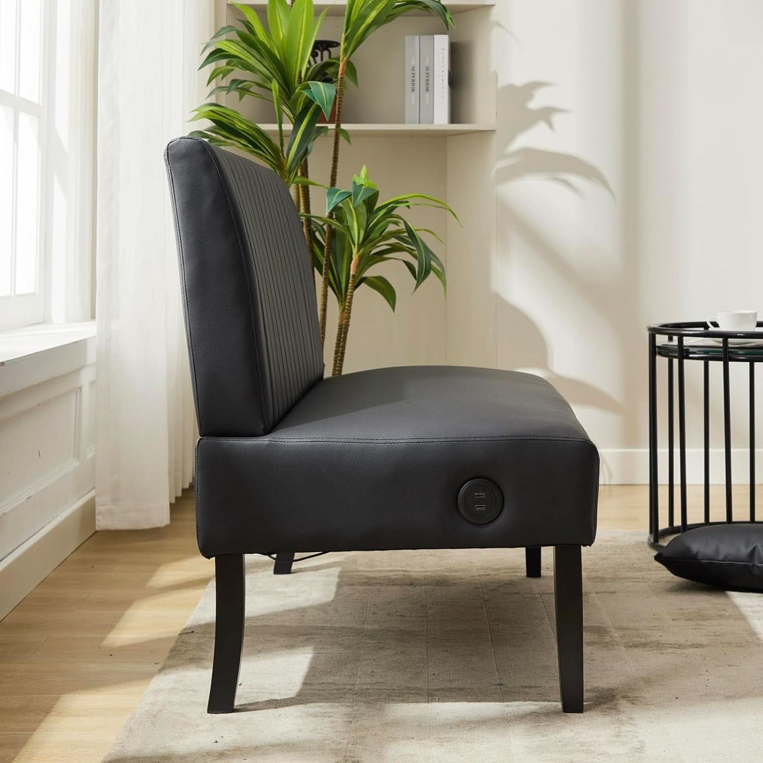 Mini Black Leather Loveseat Sofa with USB Ports