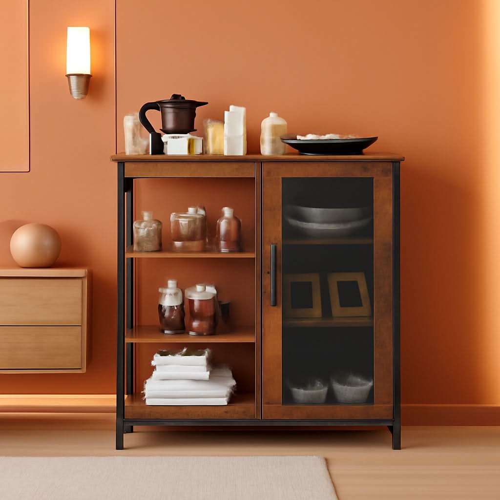 Mini Coffee Bar Cabinet 27.5 Inch Brown Finish Storage Unit