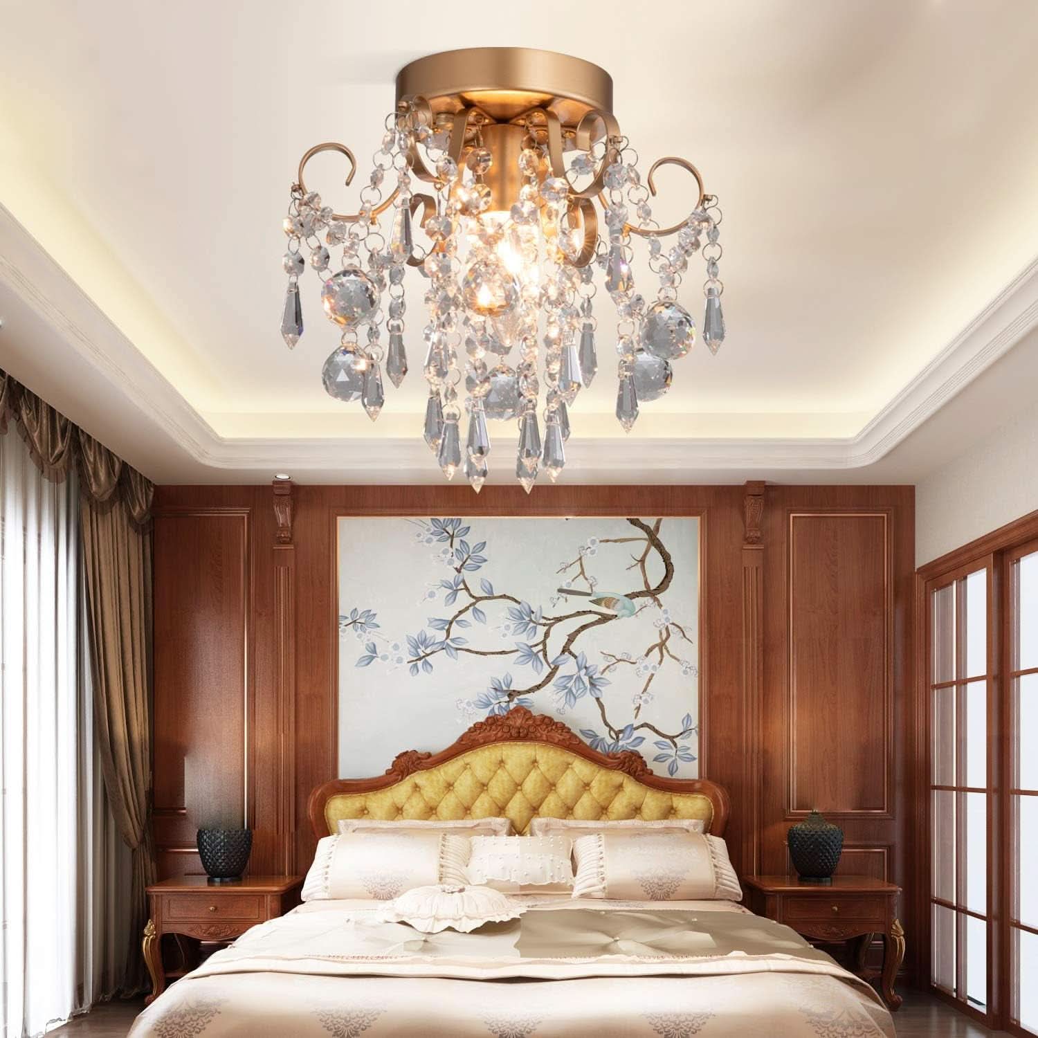 Mini Crystal Chandelier Flush Mount Gold Ceiling Light