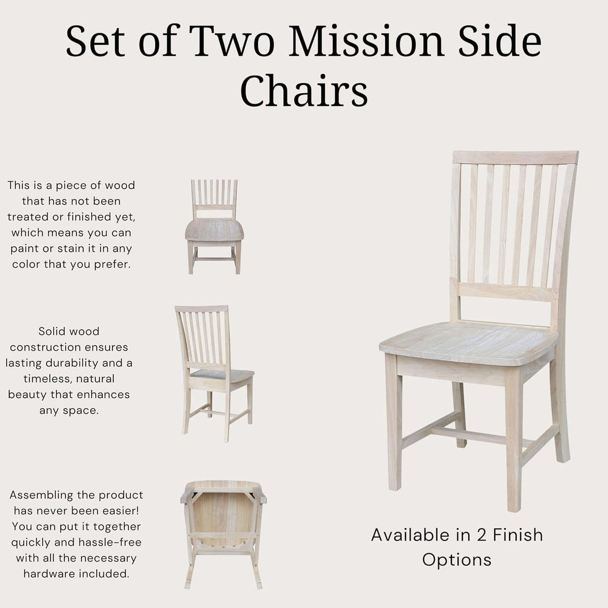 Mission Side Dining Chairs Set Of 2 Solid Parawood Unfinished 39.2 Inch Height