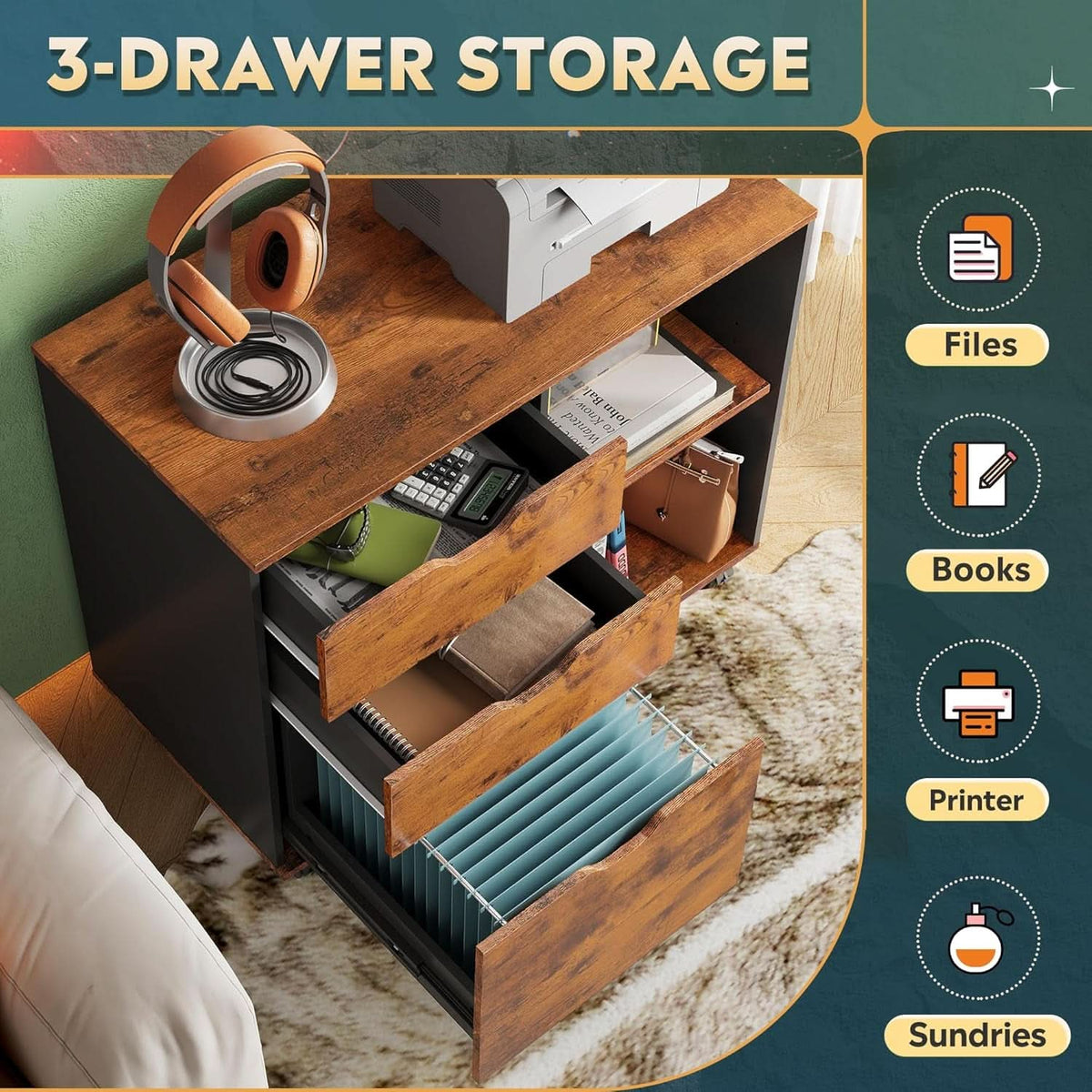 Mobile 3 Drawer Wood File Cabinet With Open Storage Shelves Rustic Brown