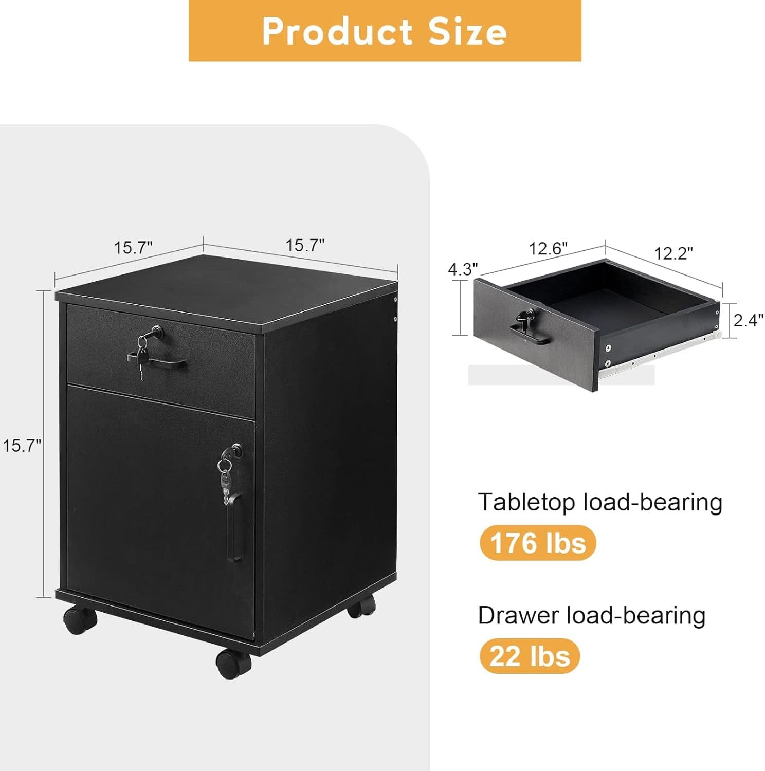 Mobile File Cabinet With Lockable Drawer And Four Wheels Black