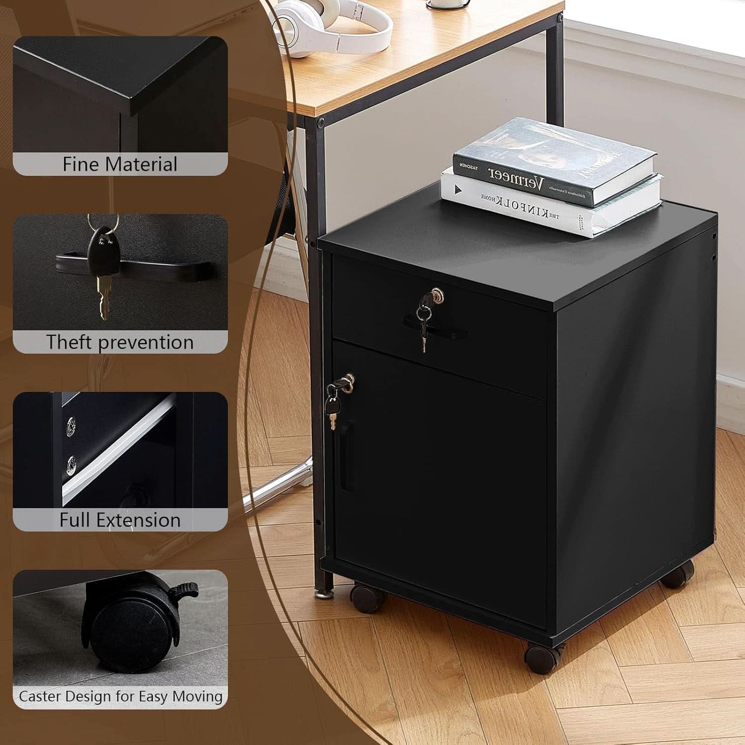 Mobile File Cabinet With Lockable Drawer And Four Wheels Black
