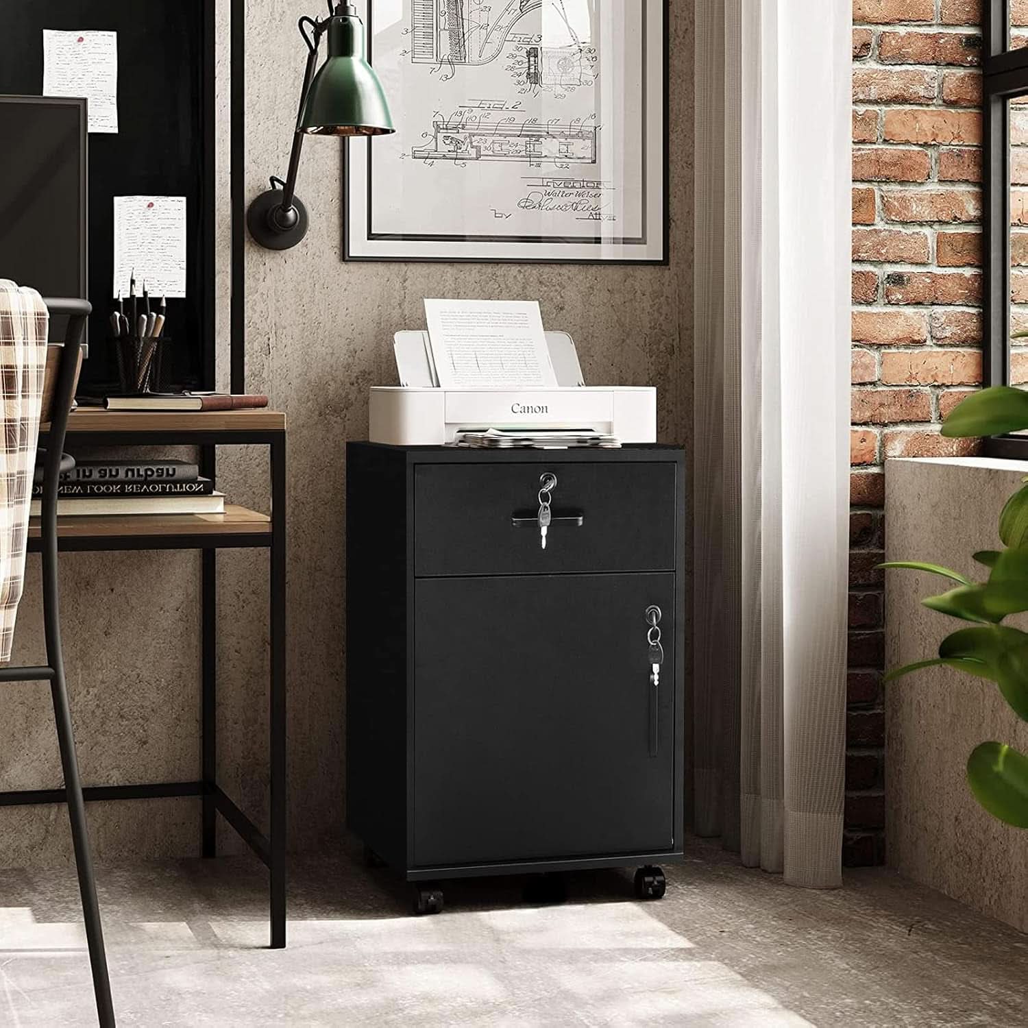 Mobile File Cabinet With Lockable Drawer And Four Wheels Black