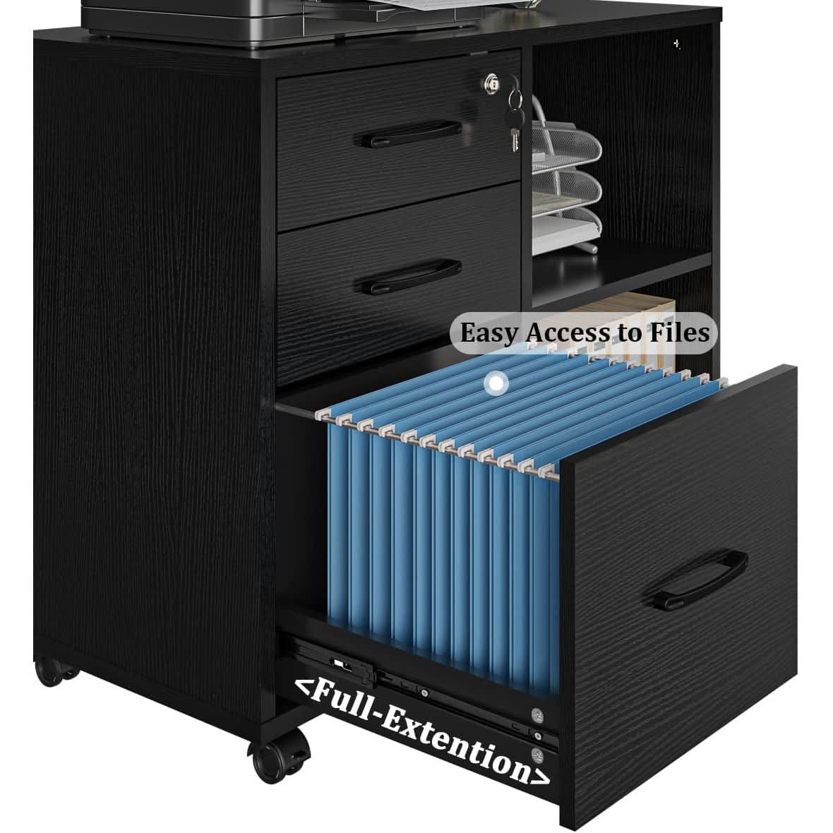 Mobile File Cabinet With Open Storage And File Drawers