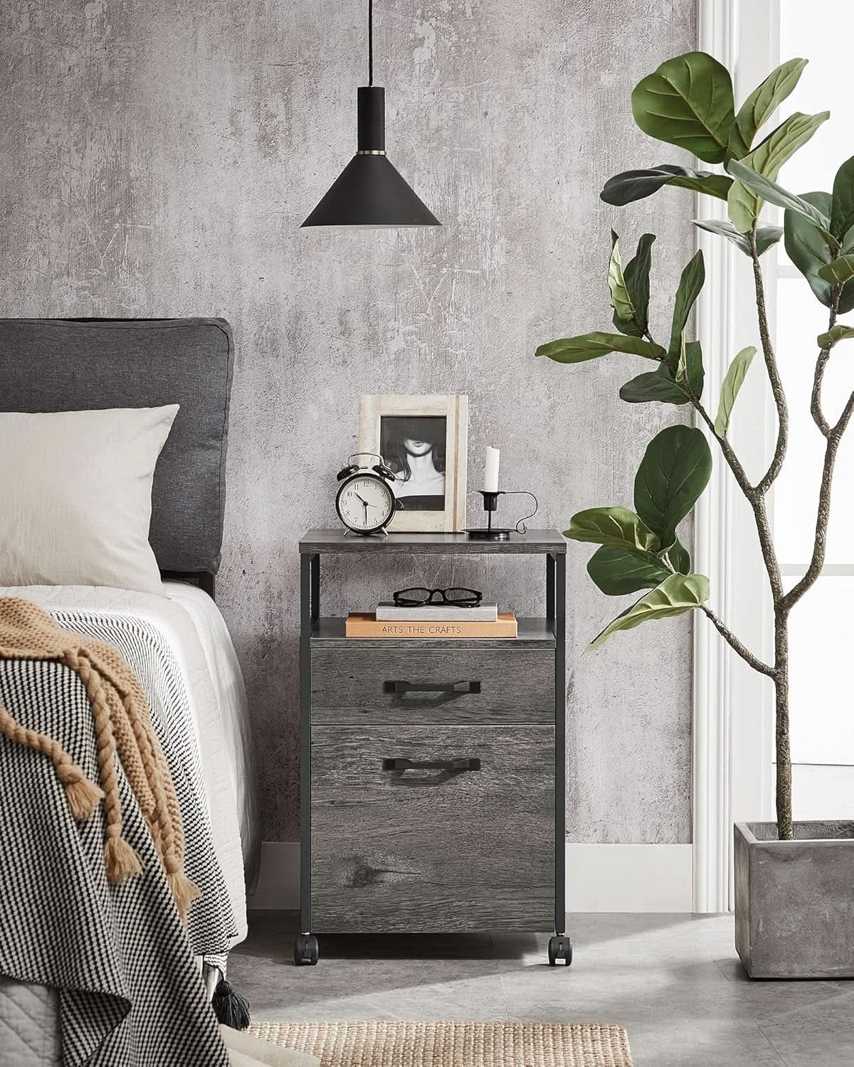 Mobile File Cabinet With Wheels 2 Drawers Open Shelf Charcoal Gray And Ink Black