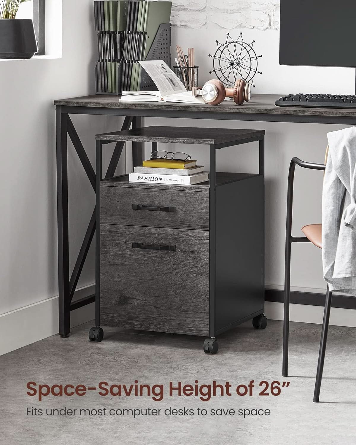 Mobile File Cabinet With Wheels 2 Drawers Open Shelf Charcoal Gray And Ink Black