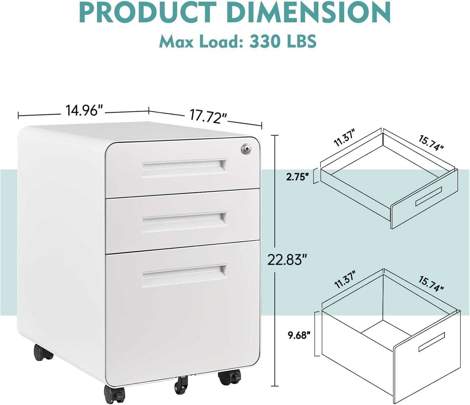Mobile Filing Cabinet 3 Drawer White Lock On Wheels