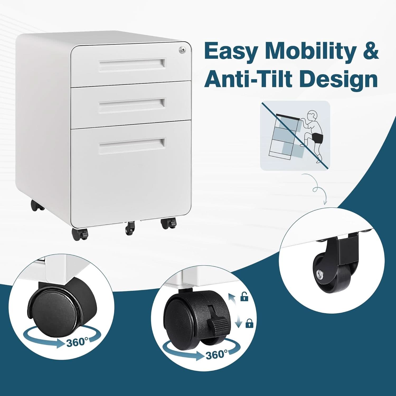 Mobile Filing Cabinet 3 Drawer White Lock On Wheels