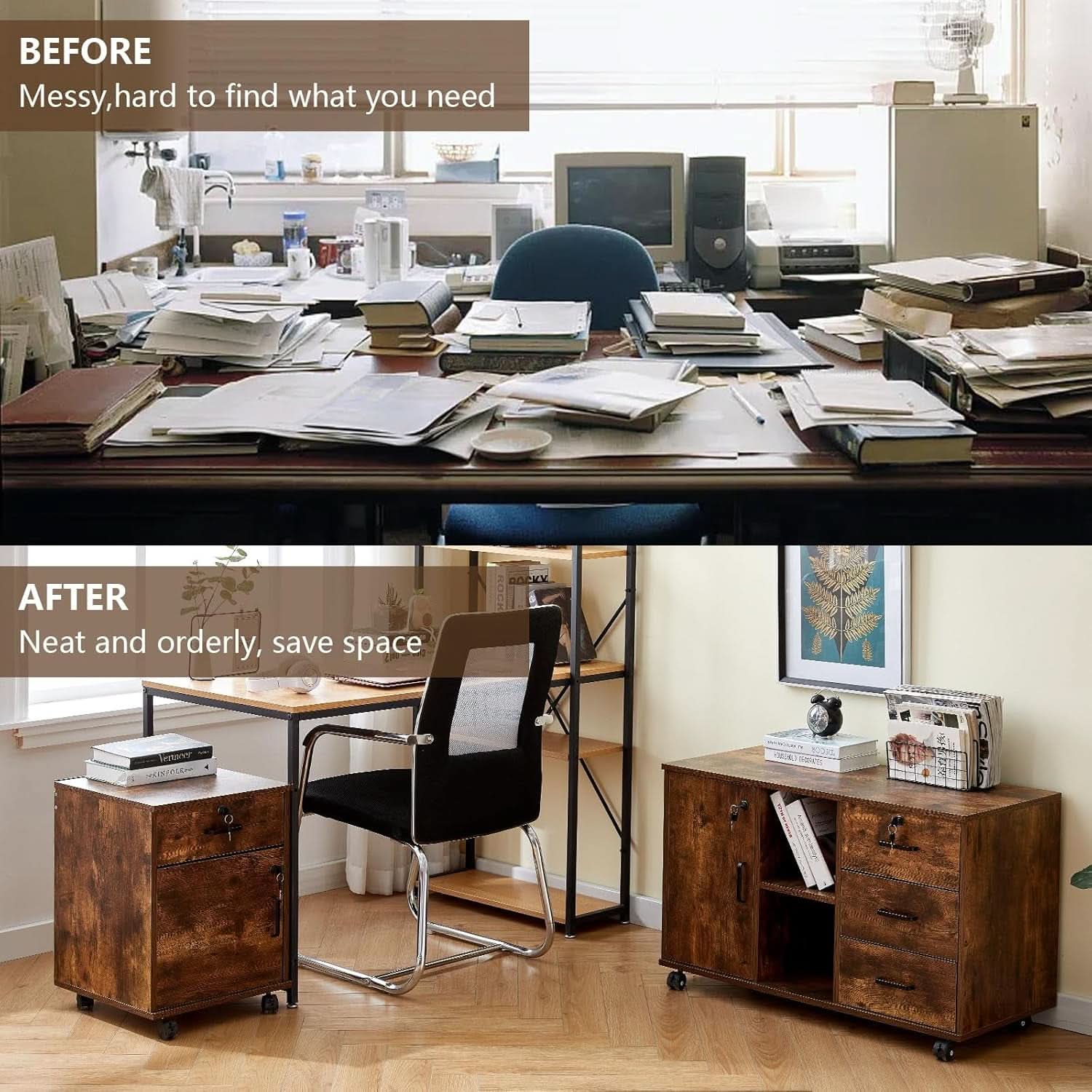 Mobile Lockable File Cabinet With Drawer Door Rustic Brown
