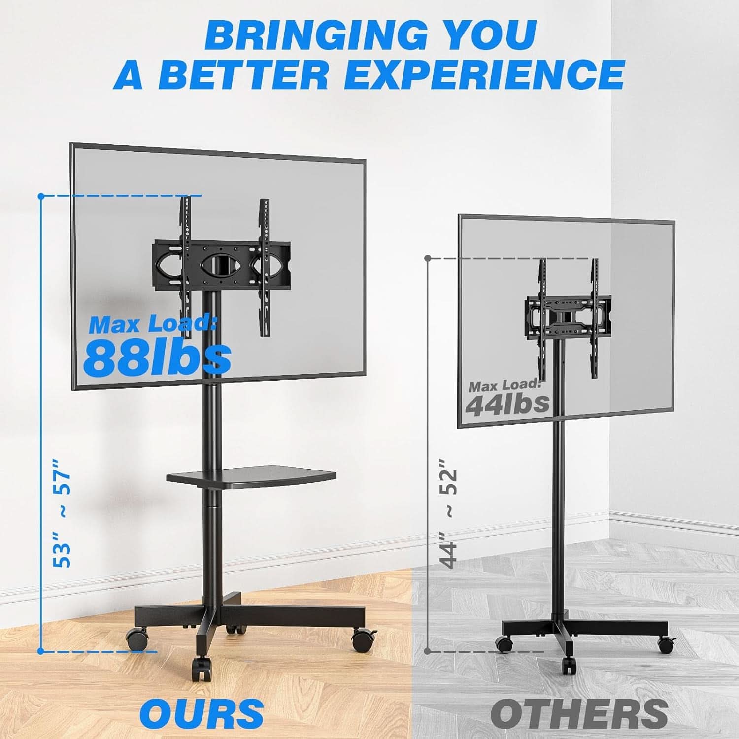 Mobile TV Cart 23-60 Inch TVs, Height Adjustable Wheels