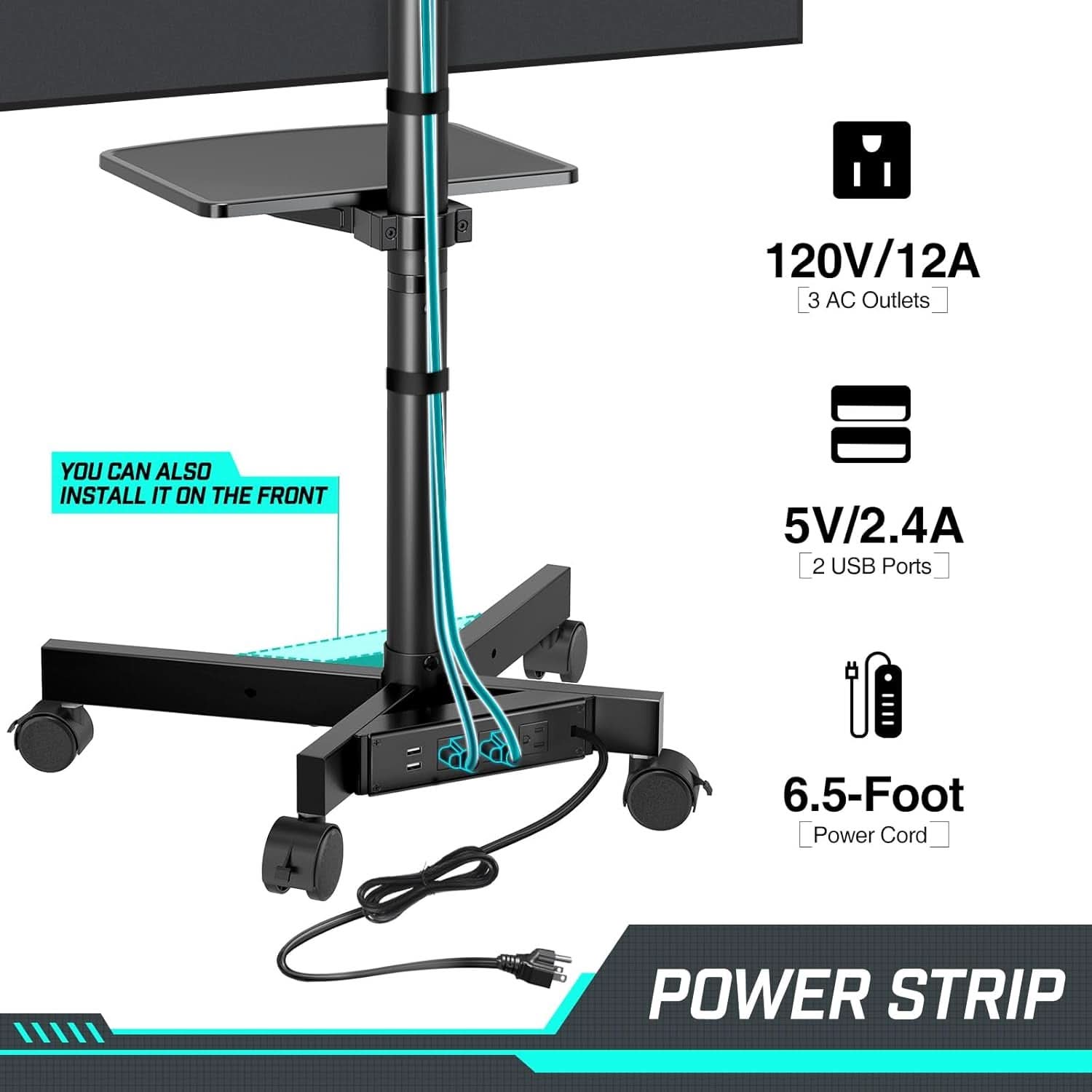 Mobile TV Cart With Height Adjustable Stand And Power Outlet For 23 To 60 Inch TVs