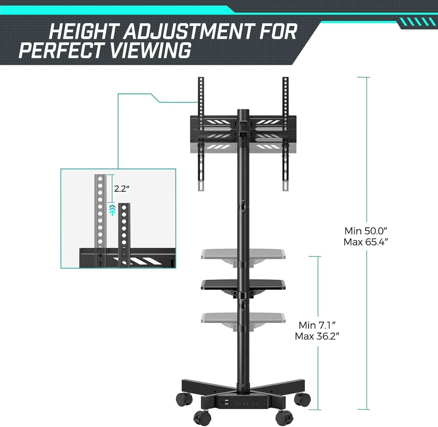 Mobile TV Cart With Height Adjustable Stand And Power Outlet For 23 To 60 Inch TVs